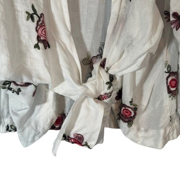 Mishca White Floral Long Sleeve Linen Opened Front Tie Knot Blouse Women - Picture 3 of 8